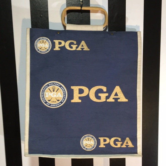 PGA Tour Handbags - Vintage Limited Edition PGA Tour Linen Tote Bamboo Handles Gold/Navy Blue/Tan